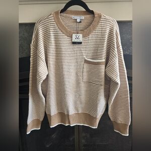 Michelle Mae Striped Tan and White Sweater